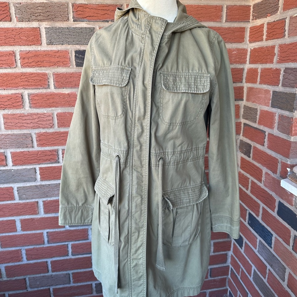 Old Navy Olive Hooded Cotton Utility Long Jacket, Cinch Waist, 4 Pockets